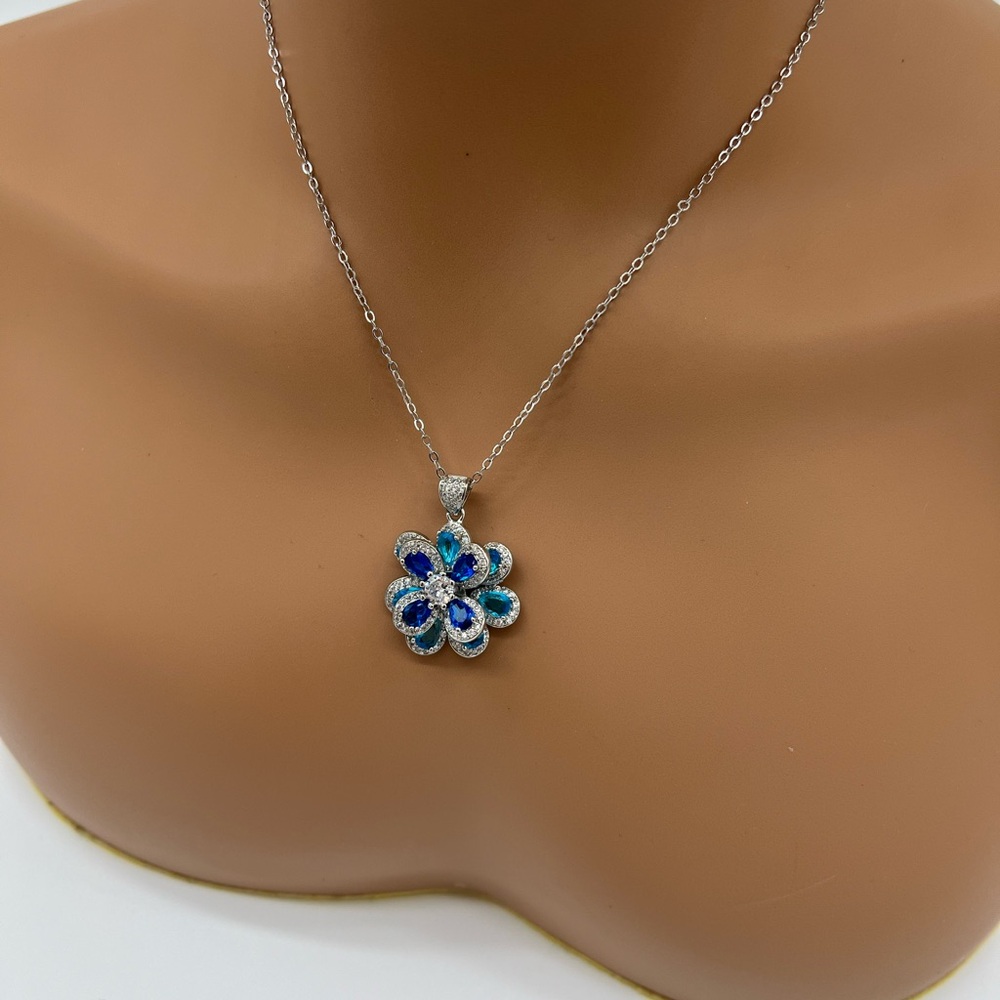 Blue CZ Silver Flower Pendant Necklace - Picture 2 of 3